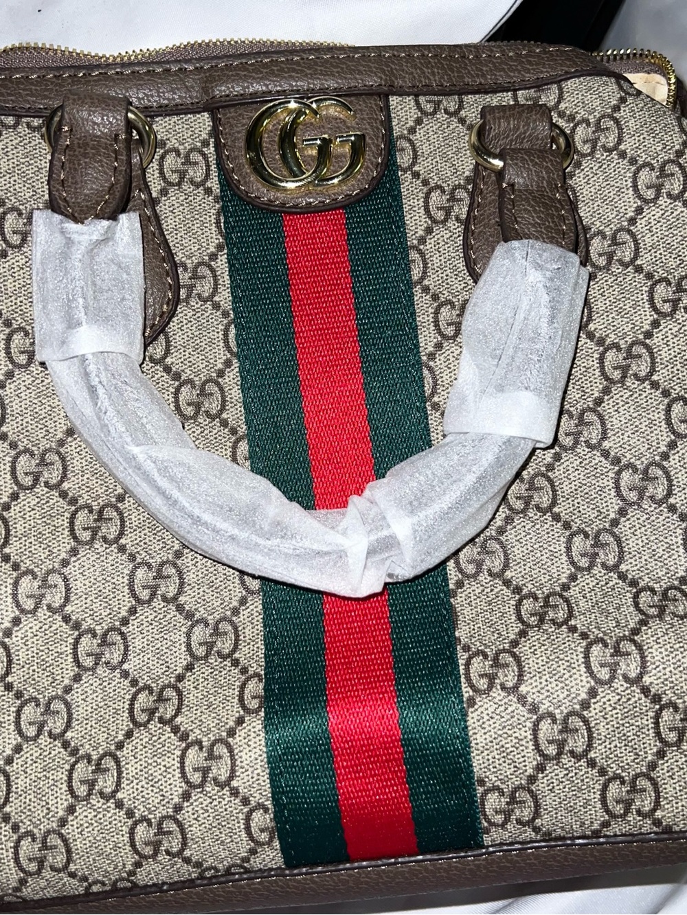 Brown Monogram satchel with Green-Red Web Stripe